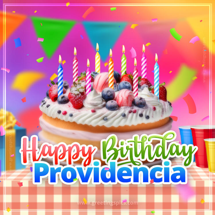 Happy Birthday Providencia Colorful Image with fruit cake and candles (square shape image)