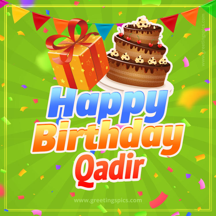 Happy Birthday Qadir picture with flags, chocolate cake and gift box (square shape image)