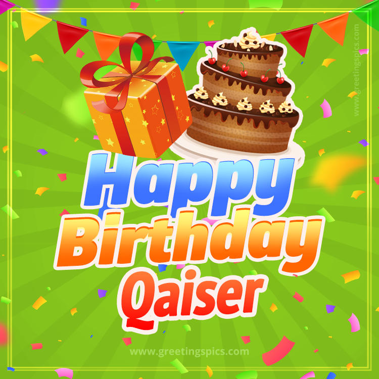 Happy Birthday Qaiser picture with flags, chocolate cake and gift box (square shape image)