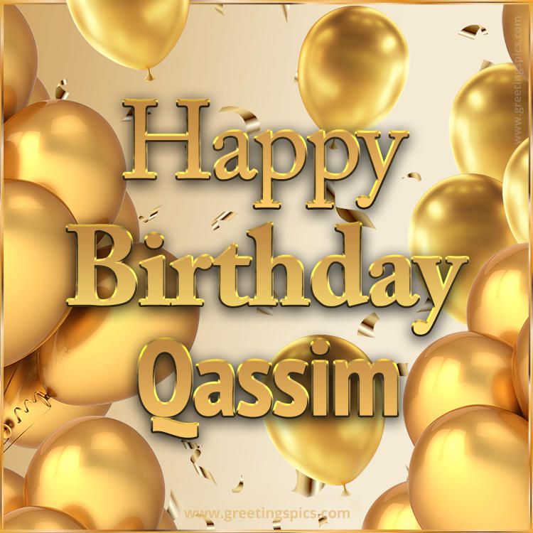 Happy Birthday Qassim Card with golden confetti and balloons (square shape image)