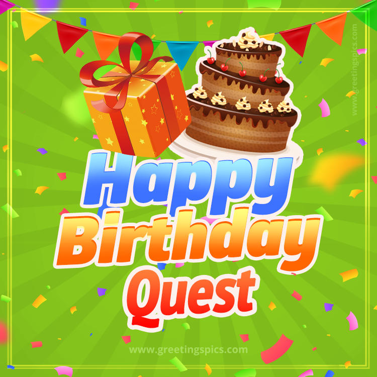 Happy Birthday Quest picture with flags, chocolate cake and gift box (square shape image)