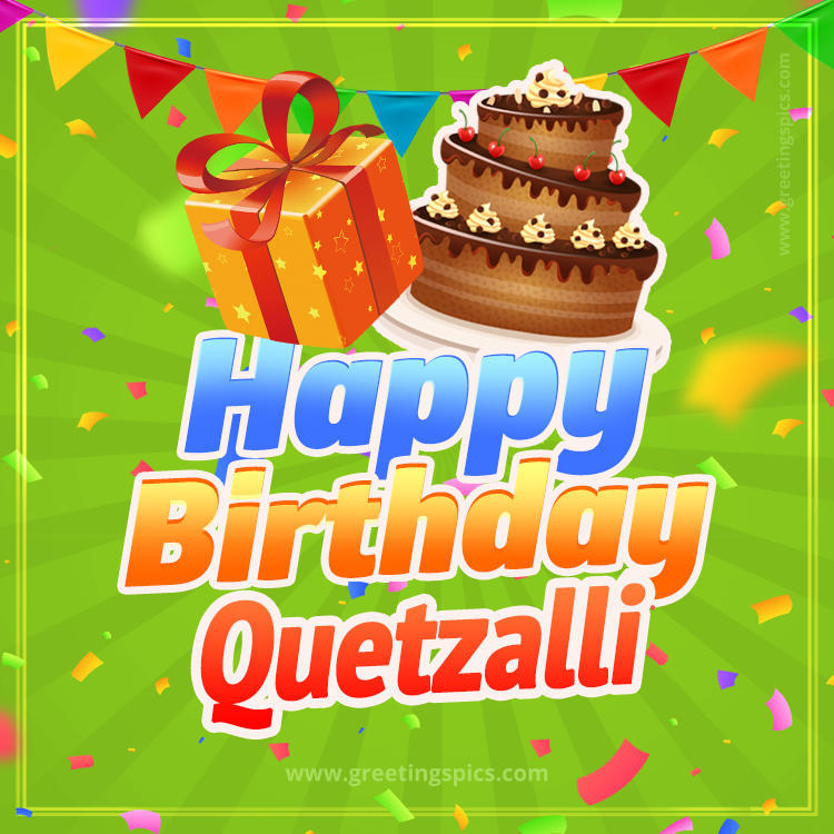 Happy Birthday Quetzalli picture with flags, chocolate cake and gift box (square shape image)