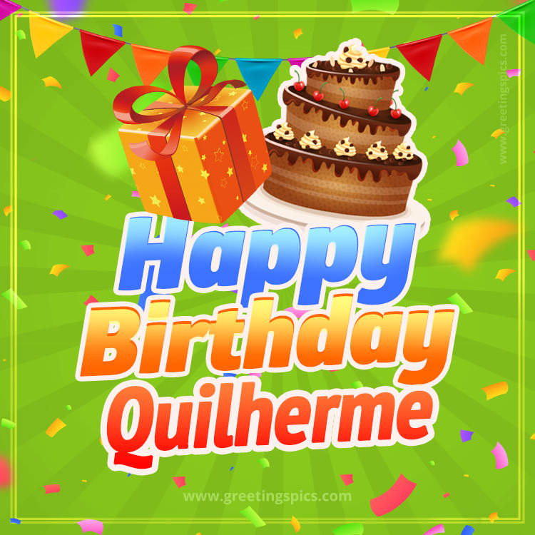 Happy Birthday Quilherme picture with flags, chocolate cake and gift box (square shape image)