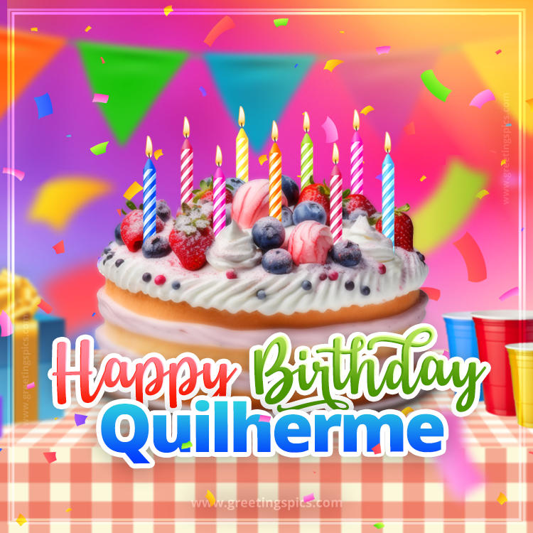 Happy Birthday Quilherme Colorful Image with fruit cake and candles (square shape image)