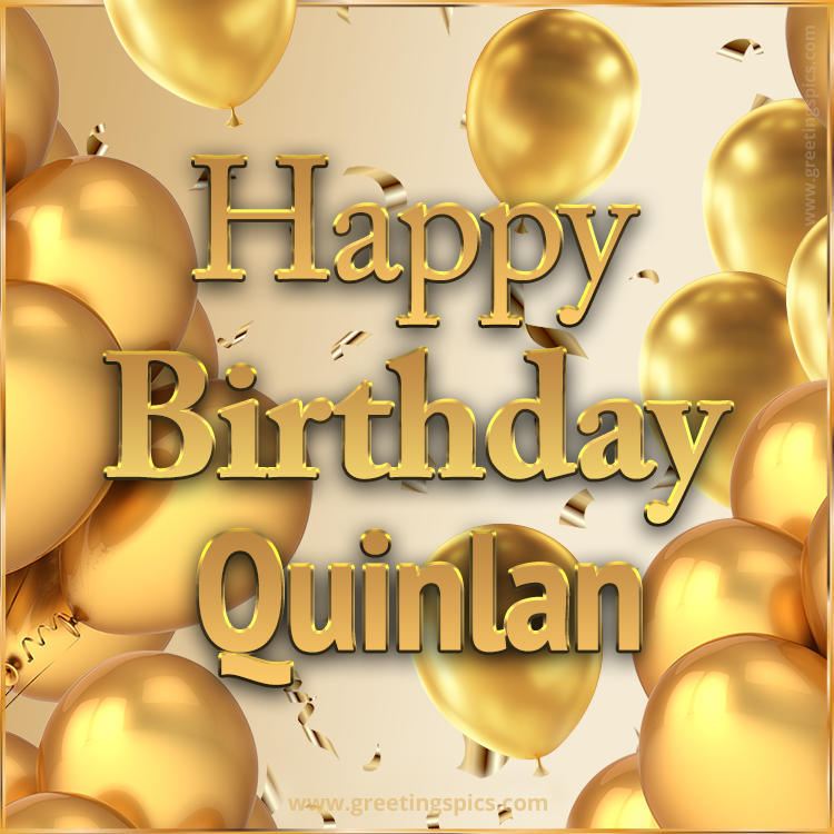 Happy Birthday Quinlan Card with golden confetti and balloons (square shape image)