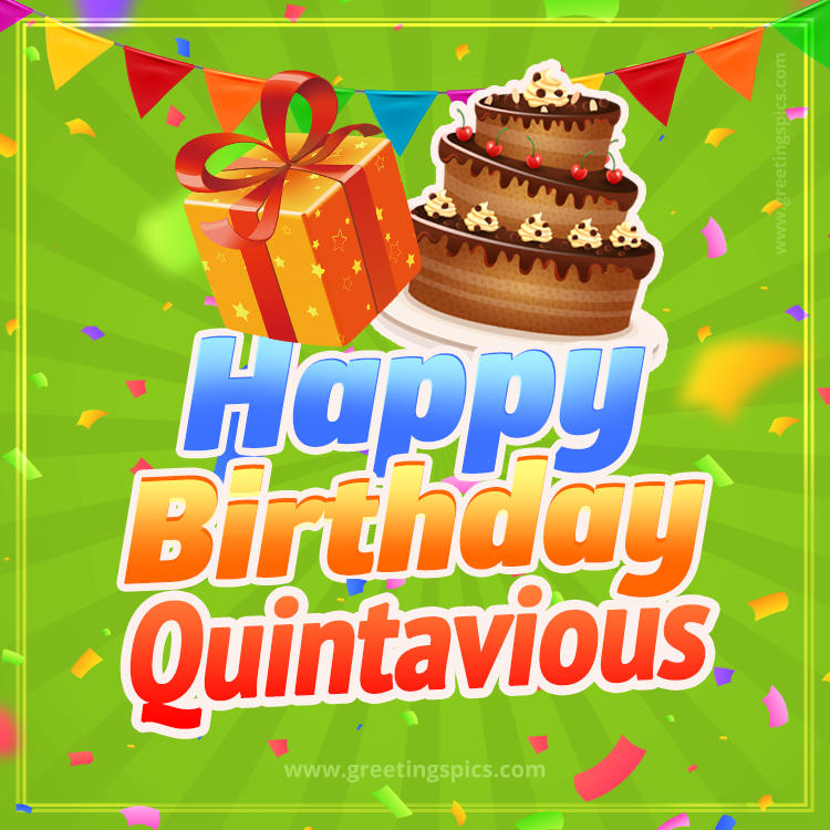 Happy Birthday Quintavious picture with flags, chocolate cake and gift box (square shape image)