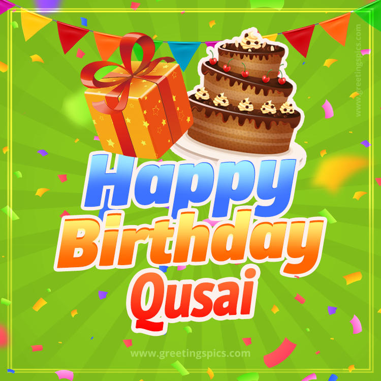 Happy Birthday Qusai picture with flags, chocolate cake and gift box (square shape image)