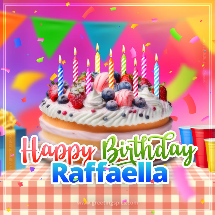 Happy Birthday Raffaella Colorful Image with fruit cake and candles (square shape image)