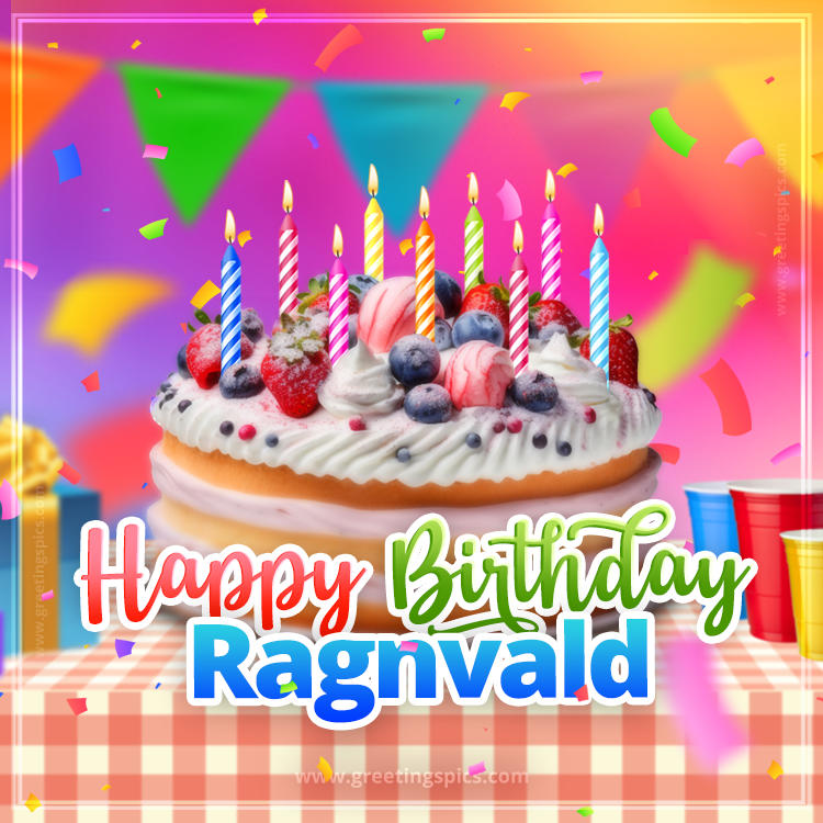 Happy Birthday Ragnvald Colorful Image with fruit cake and candles (square shape image)