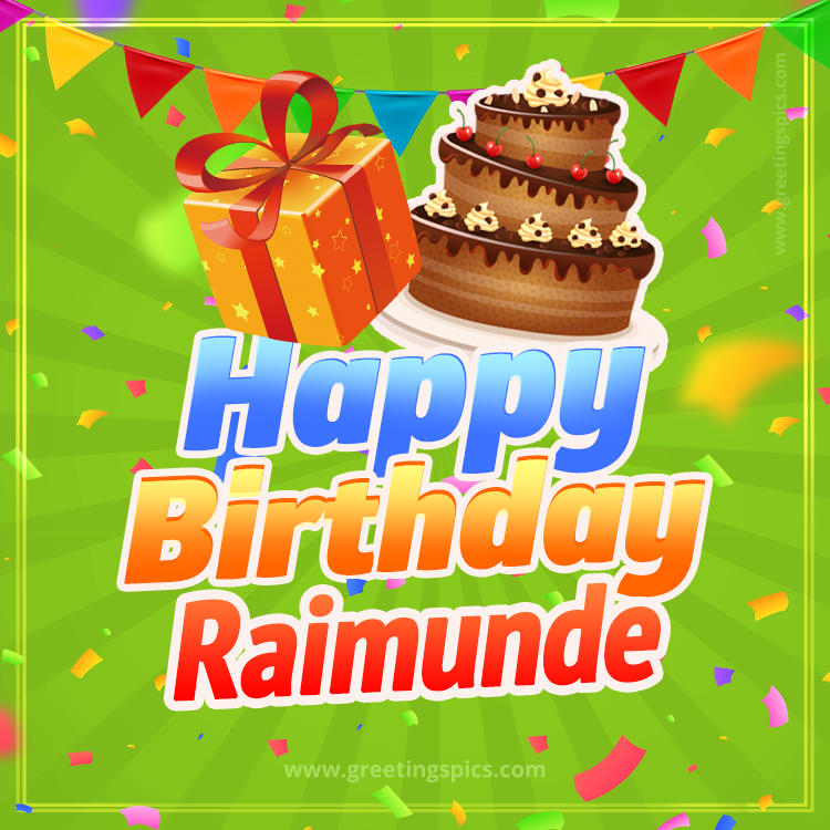 Happy Birthday Raimunde picture with flags, chocolate cake and gift box (square shape image)