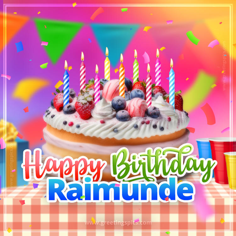 Happy Birthday Raimunde Colorful Image with fruit cake and candles (square shape image)