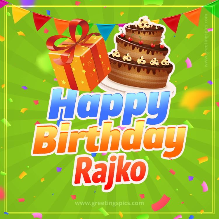 Happy Birthday Rajko picture with flags, chocolate cake and gift box (square shape image)