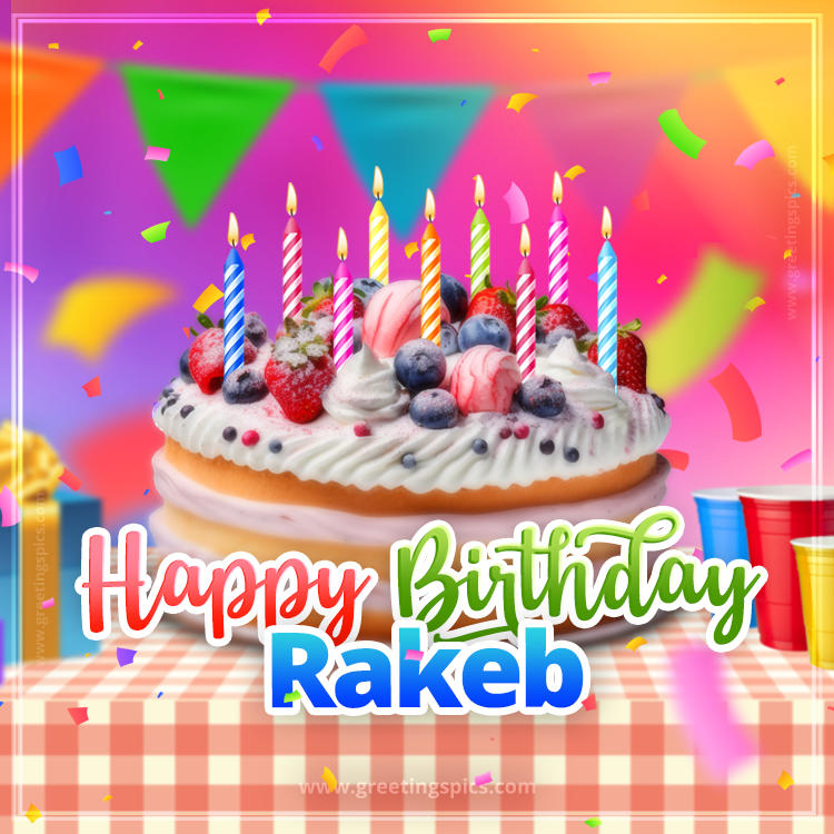 Happy Birthday Rakeb Colorful Image with fruit cake and candles (square shape image)