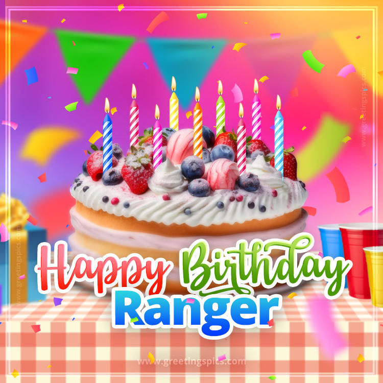 Happy Birthday Ranger Colorful Image with fruit cake and candles (square shape image)