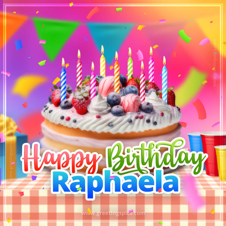 Happy Birthday Raphaela Colorful Image with fruit cake and candles (square shape image)