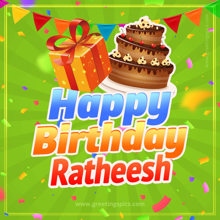 Happy Birthday Ratheesh picture with flags, chocolate cake and gift box (square shape image)