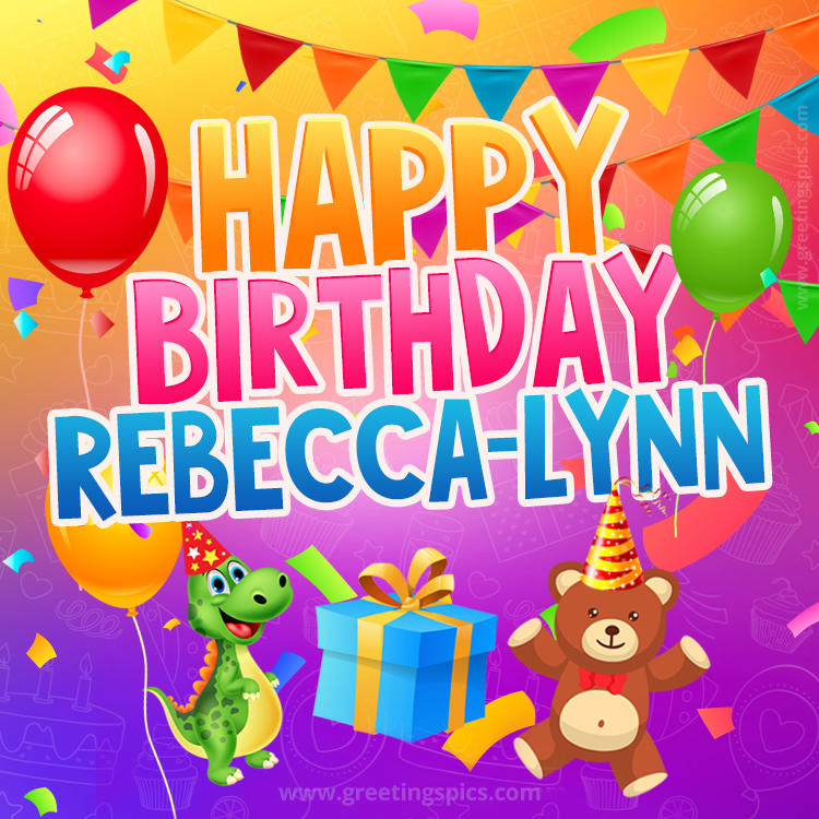 Happy Birthday Rebecca-lynn Image for a child with cute dinosaur and bear (square shape image)