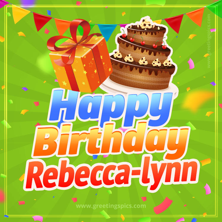 Happy Birthday Rebecca-lynn picture with flags, chocolate cake and gift box (square shape image)