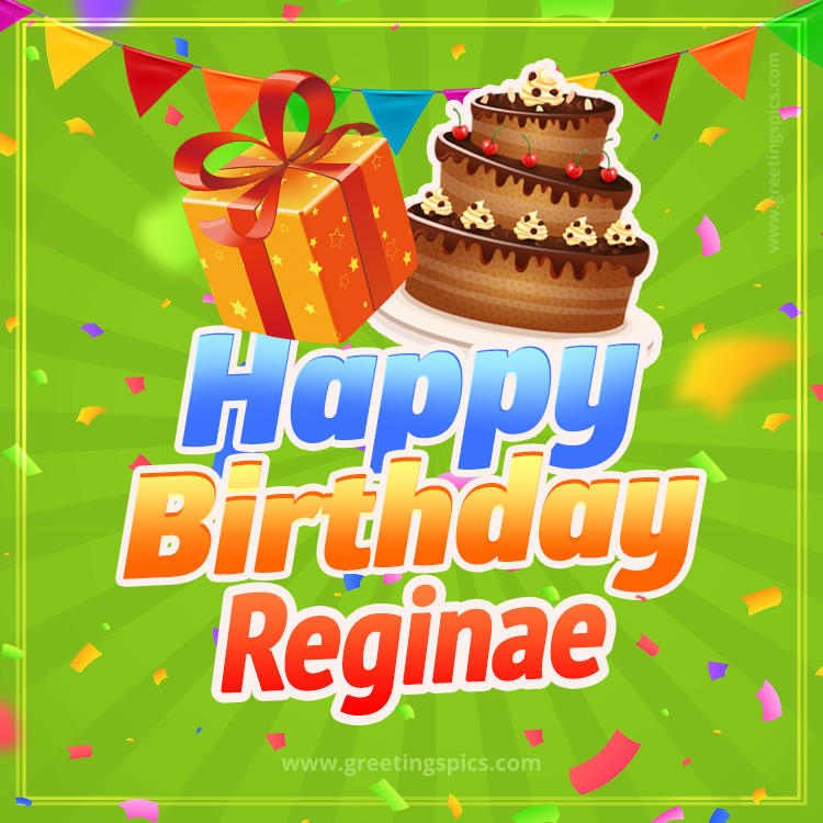 Happy Birthday Reginae picture with flags, chocolate cake and gift box (square shape image)