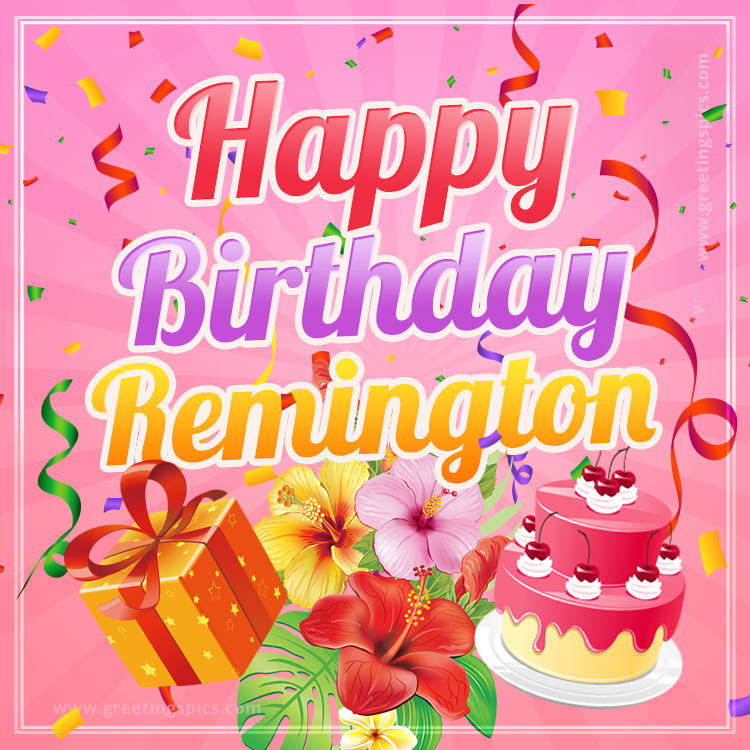 Beautiful Birthday Card for Remington with Cake and bouquet of flowers (square shape image)