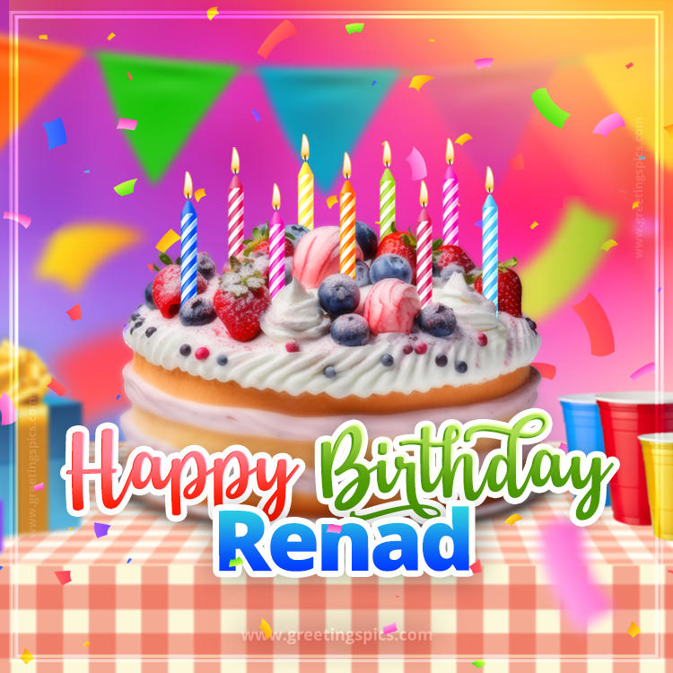 Happy Birthday Renad Colorful Image with fruit cake and candles (square shape image)