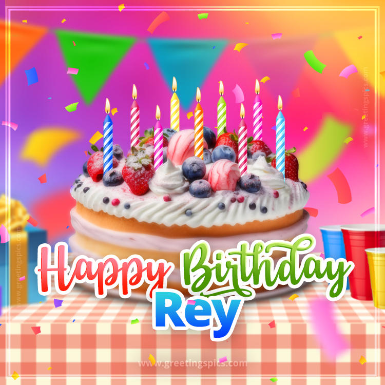 Happy Birthday Rey Colorful Image with fruit cake and candles (square shape image)