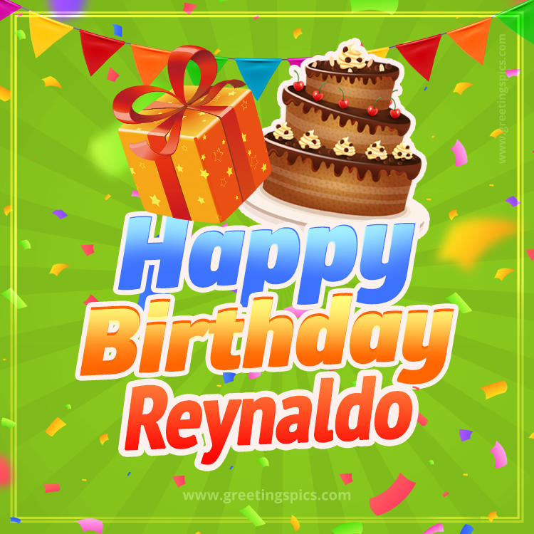 Happy Birthday Reynaldo picture with flags, chocolate cake and gift box (square shape image)