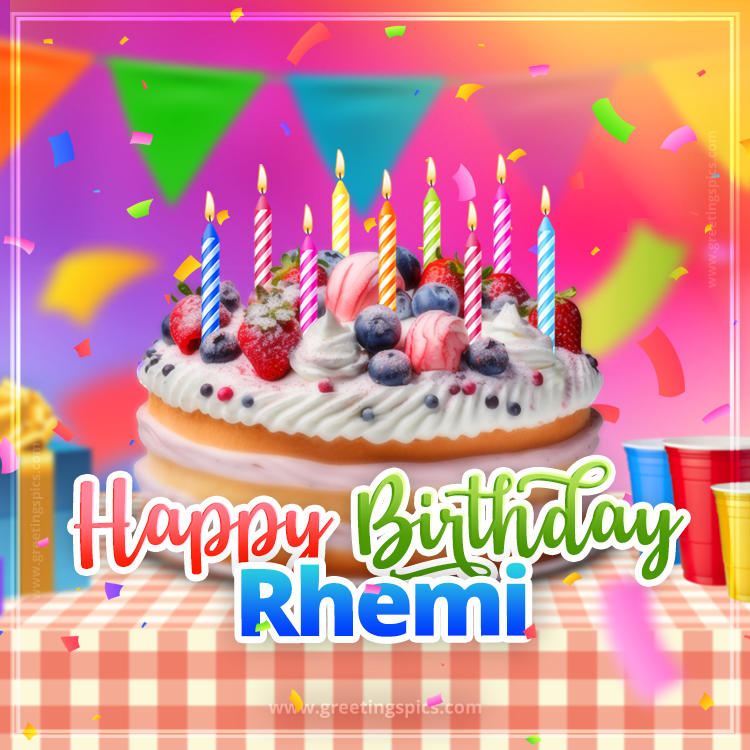 Happy Birthday Rhemi Colorful Image with fruit cake and candles (square shape image)
