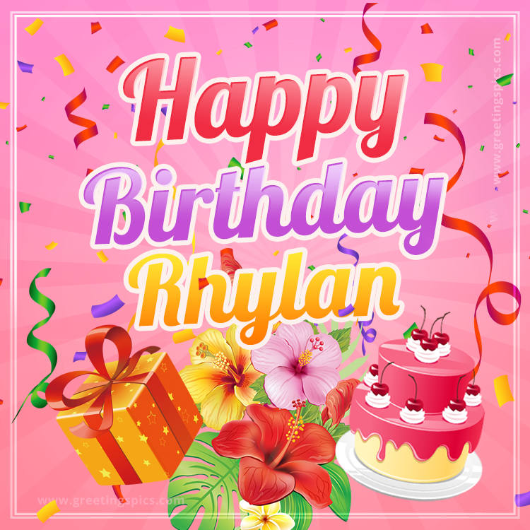 Beautiful Birthday Card for Rhylan with Cake and bouquet of flowers (square shape image)