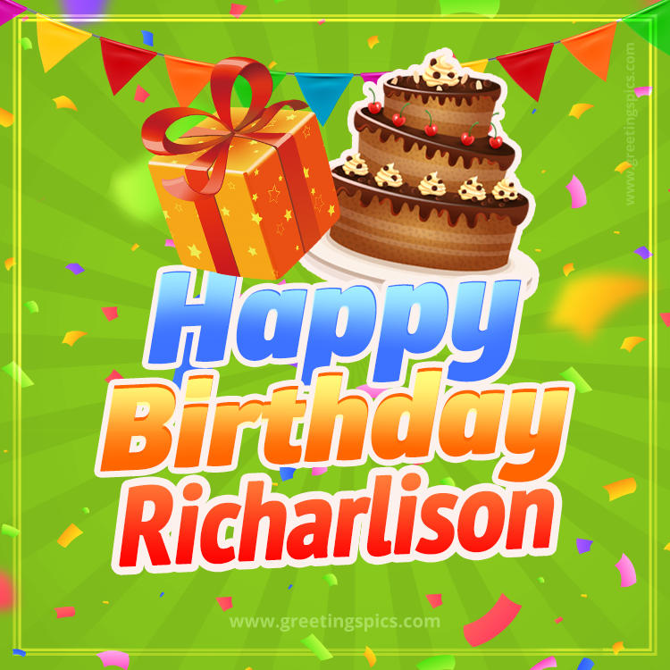 Happy Birthday Richarlison picture with flags, chocolate cake and gift box (square shape image)