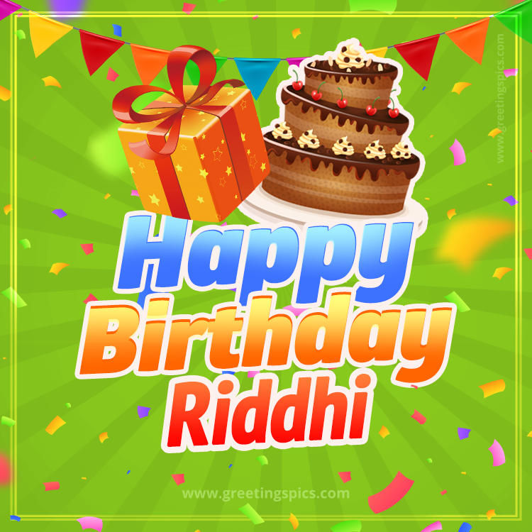 Happy Birthday Riddhi picture with flags, chocolate cake and gift box (square shape image)