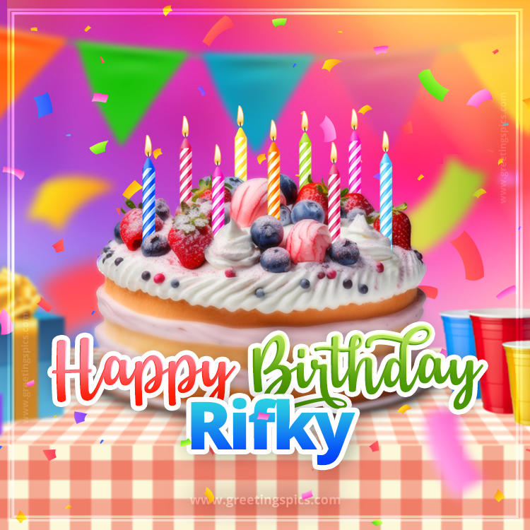 Happy Birthday Rifky Colorful Image with fruit cake and candles (square shape image)