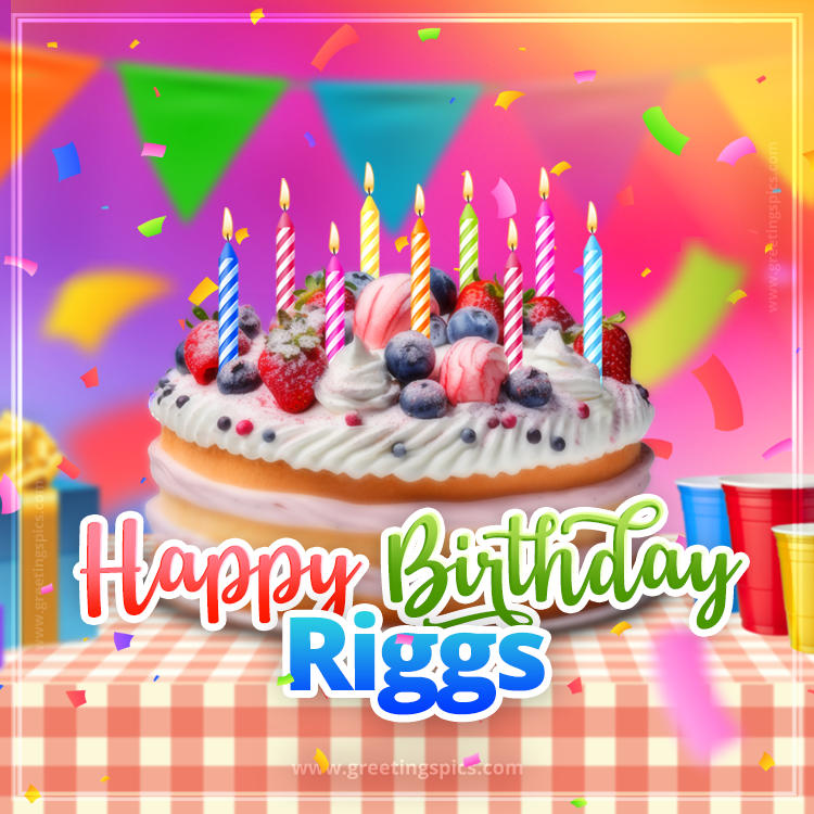 Happy Birthday Riggs Colorful Image with fruit cake and candles (square shape image)