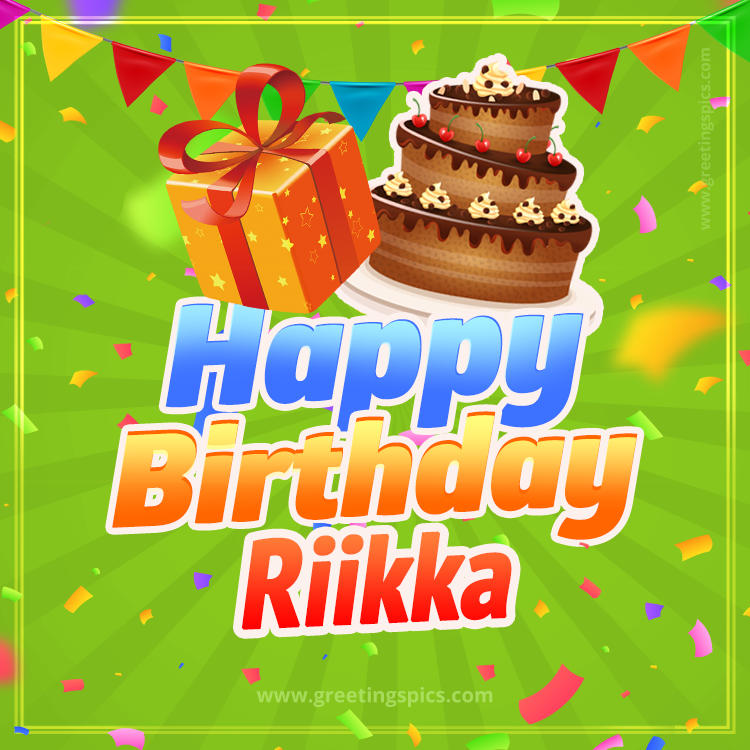 Happy Birthday Riikka picture with flags, chocolate cake and gift box (square shape image)