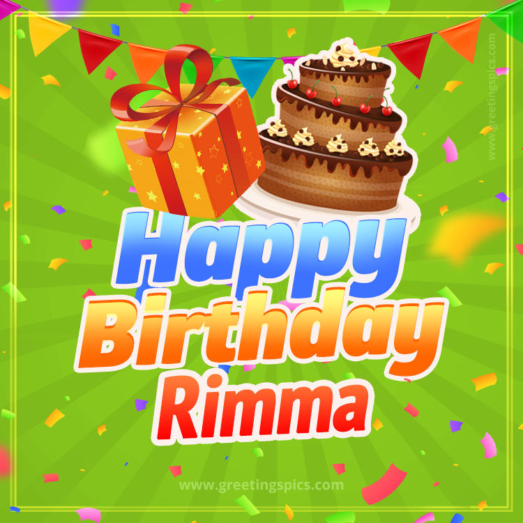 Happy Birthday Rimma picture with flags, chocolate cake and gift box (square shape image)
