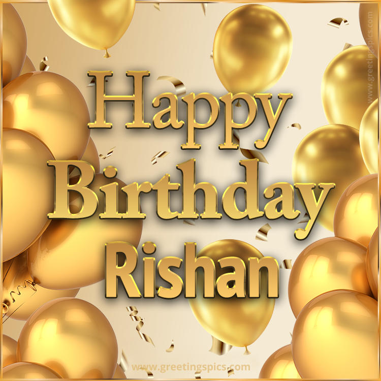 Happy Birthday Rishan Card with golden confetti and balloons (square shape image)