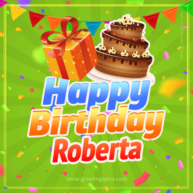 Happy Birthday Roberta picture with flags, chocolate cake and gift box (square shape image)