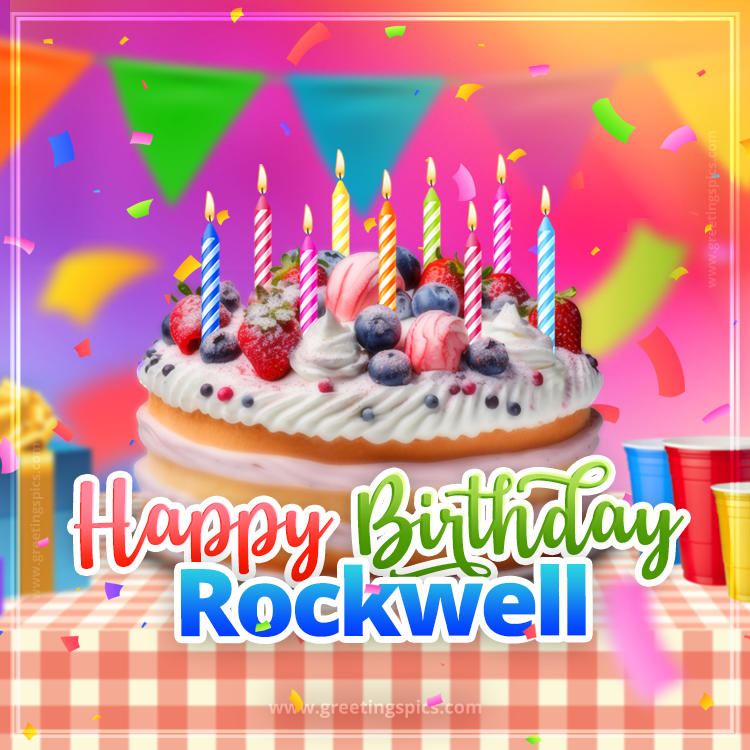 Happy Birthday Rockwell Colorful Image with fruit cake and candles (square shape image)