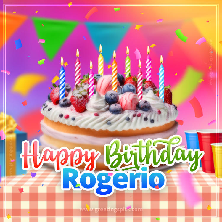 Happy Birthday Rogerio Colorful Image with fruit cake and candles (square shape image)