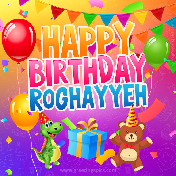 Happy Birthday Roghayyeh Image for a child with cute dinosaur and bear (square shape image)