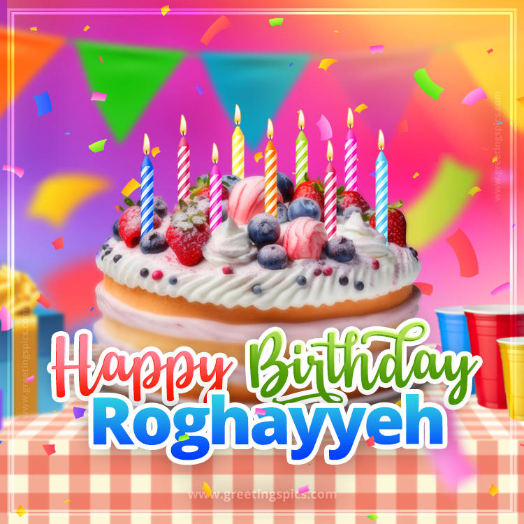 Happy Birthday Roghayyeh Colorful Image with fruit cake and candles (square shape image)