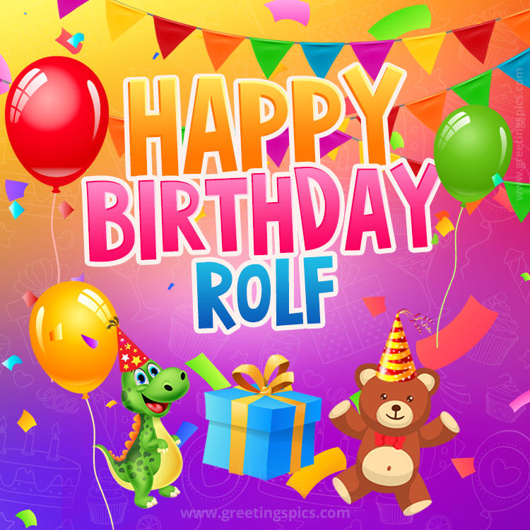 Happy Birthday Rolf Image for a child with cute baby dinosaur and bear (square shape image)