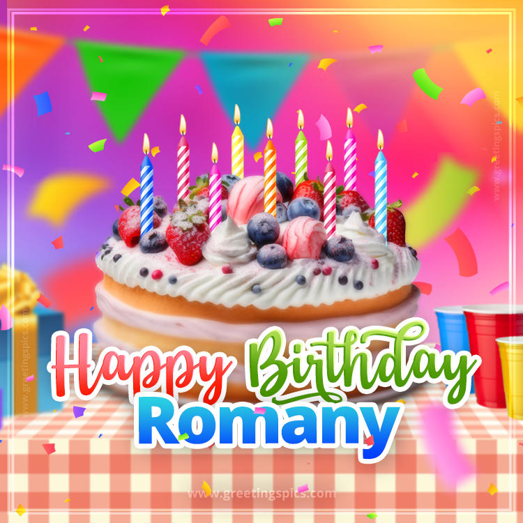 Happy Birthday Romany Colorful Image with fruit cake and candles (square shape image)