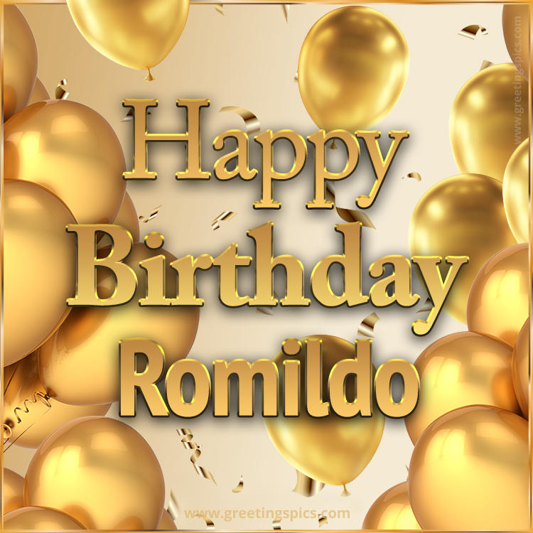 Happy Birthday Romildo Card with golden confetti and balloons (square shape image)