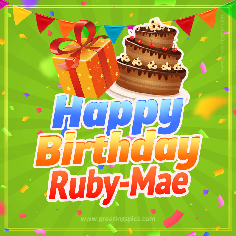 Happy Birthday Ruby-Mae picture with flags, chocolate cake and gift box (square shape image)