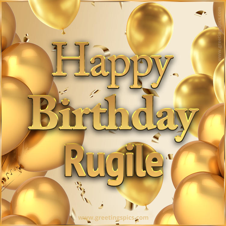 Happy Birthday Rugile Card with golden confetti and balloons (square shape image)