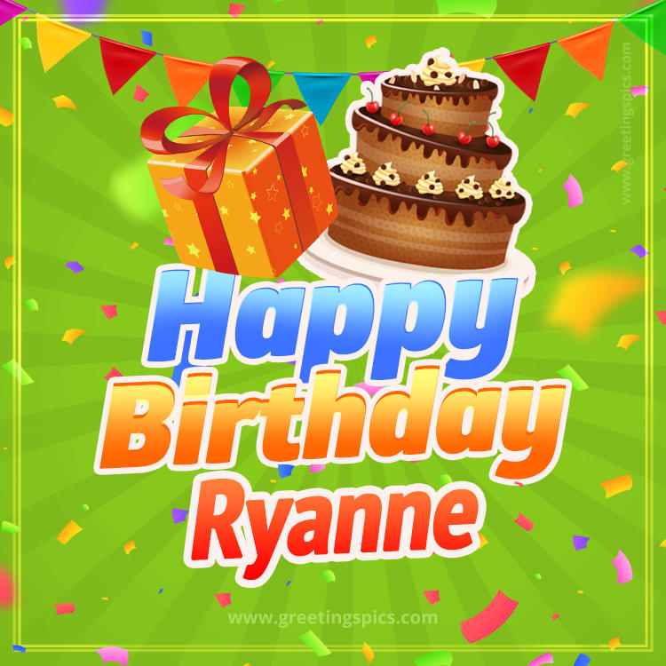 Happy Birthday Ryanne picture with flags, chocolate cake and gift box (square shape image)