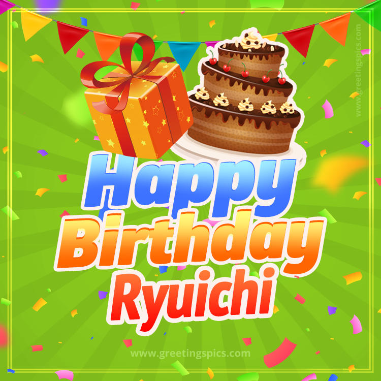 Happy Birthday Ryuichi picture with flags, chocolate cake and gift box (square shape image)