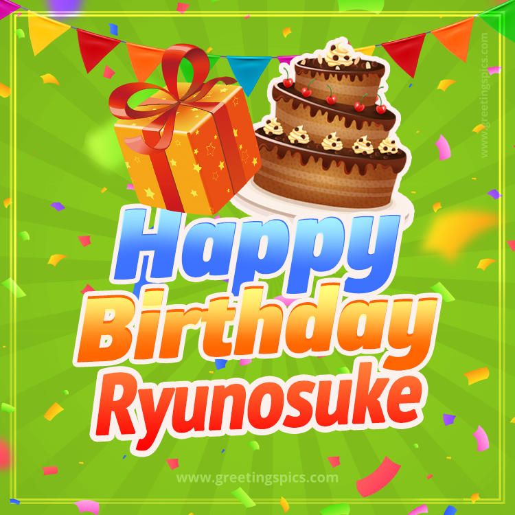 Happy Birthday Ryunosuke picture with flags, chocolate cake and gift box (square shape image)