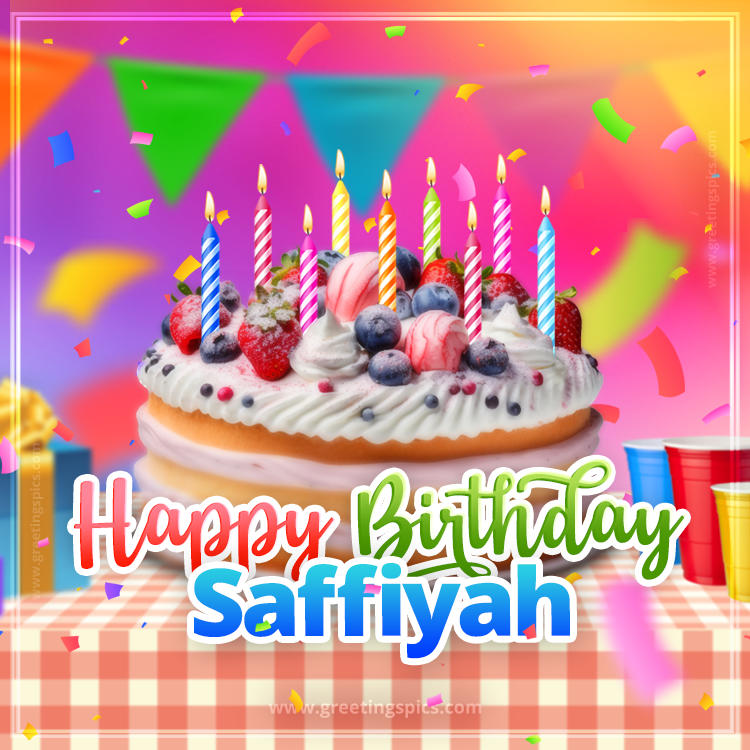 Happy Birthday Saffiyah Colorful Image with fruit cake and candles (square shape image)